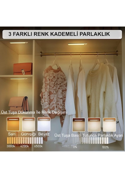 Sensörlü Alüminyum Usb Şarjlı Led Gece Lambası, 3 Renk Kısılabilir, Mutfak Dolap Tezgah İçin 6 Diğer