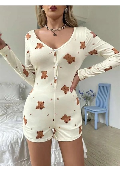 Ang Butik Kadın Pamuklu Ekru Ayıcık Desenli Düğmeli Tulum Pijama