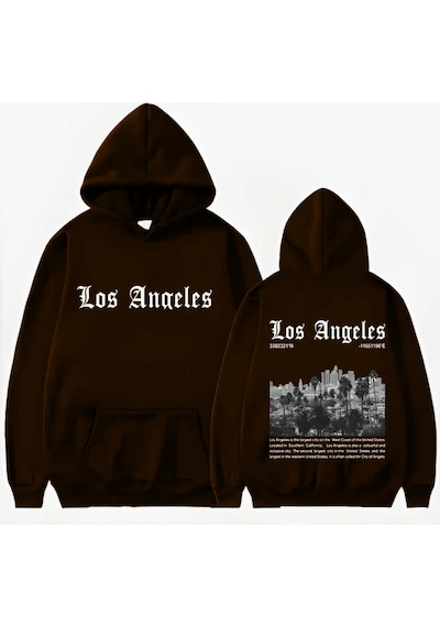 Startmore Los Angeles Basklı Kapişonlu Sweatshirt Kahverengi