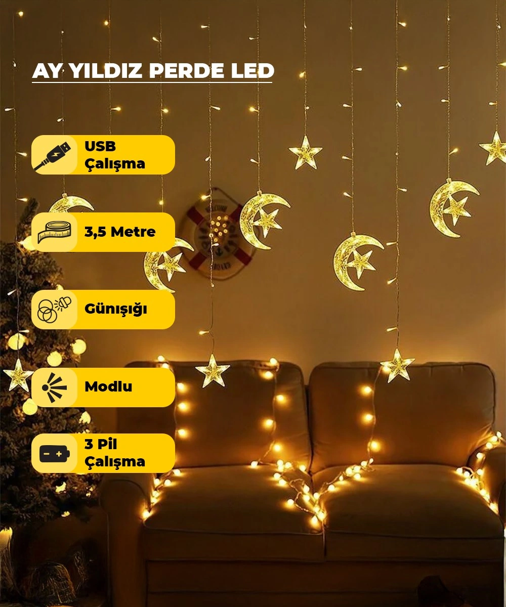 Ay Yıldız Dekoratif Günışığı Led Usb & Pilli - 3,5 Metre - Animasyonlu 3 Metre Gün Işığı