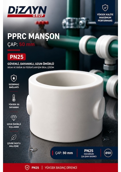 Dizayn Pprc Manşon 50 Mm 15 Adet Pn25 Temiz Su Tesisat Ek Parçası