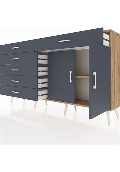 Arges Konsol Tek Raflı 6 Çekmeceli 2 Kapaklı 176x30x99 Çam-antras Çam-antrasit