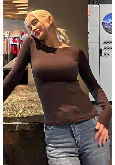 Madmext Acı Kahve Kayık Yaka Uzun Kollu Kadın Top Body Mg2267 Acı Kahverengi