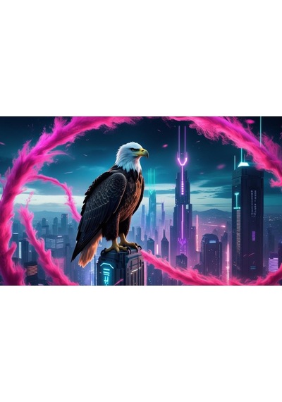 Kartal Fütüristik Bir Şehirde Neon Parıltı Stili 02 Çerçevesiz 50x30 Cm Pvc Tablo