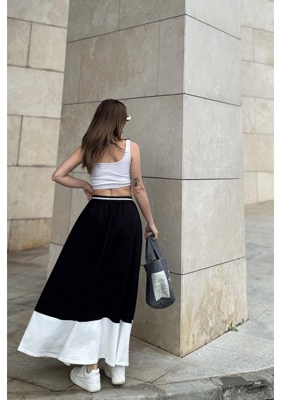 WeShaya Kadın Siyah & Beyaz Color Block Desen,beli Lastikli, Rahat Kalıp, Cepli Uzun Etek Siyah