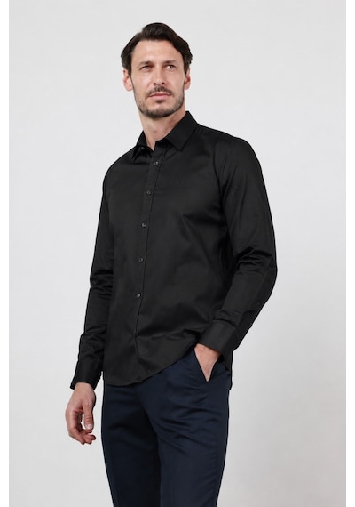 İmza Sert Yaka Uzun Kol Cepsiz Saten Slim Fit %100 Pamuk Gömlek 1004260424 Siyah