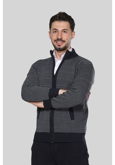 Kzctekstil Erkek Triko Akrilik Kalın Dokulu Klasik Fit Fermuarlı Cepli Kışlık Baba Hırka Lacivert