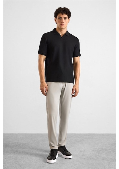 Süvari Siyah Regular Düz Baskısız Waffle V Pat Polo Yaka Tişört Sts1014000005-s09