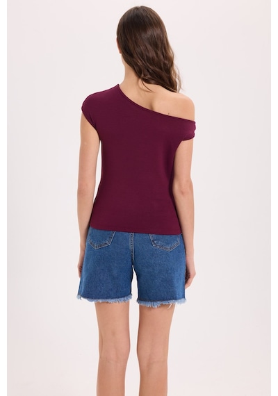 Tudors Kadın Slim Fit Dar Kesim Kısa Kollu Kayık Yaka Bordo Bluz-50537