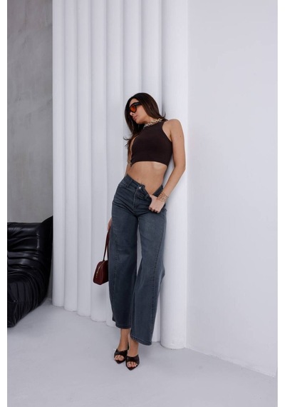 Zdnjeans Kadın Yüksek Bel Gri Wide Leg Palazzo Jean Pantolon Antrasit