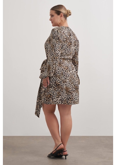 Myline Beli Kuşaklı Leopar Elbise-2571 Kahverengi