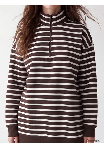 Lcw Modest Ekru Çizgili Kadın Kalın Sweatshirt Tunik