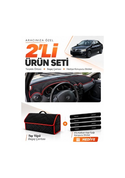 Dacia Logan 2009-2012 Uyumlu Torpido Örtüsü + Tay Tüyü Bagaj Çantası + Sticker - Siyah Kırmızı