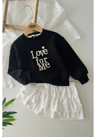Miniğimin Cicileri Love Forme Nakışlı Sweat Etek Kız Çocuk Takım - Siyah