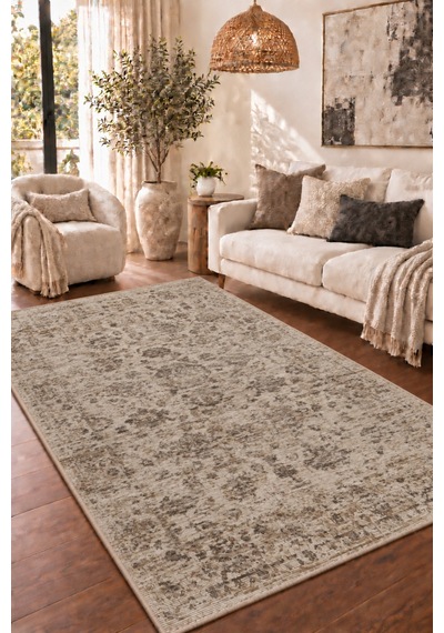 Vivanni Home Everlynn Polyester Vintage Halı Pamuk Atkı Tabanlı Modern Dokuma Ev Halısı Antik Beyaz