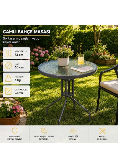 Yuvarlak Bahçe Balkon Masası 60 Cm Çap Buzlu Tamperli Cam