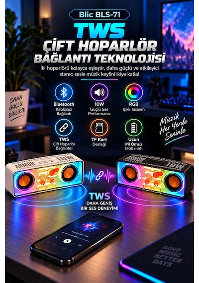 Blic Bls-71 Siyah Armor Series 10w Kablosuz Rgb Bluetooth Hoparlör Tws Tf Kart Desteği