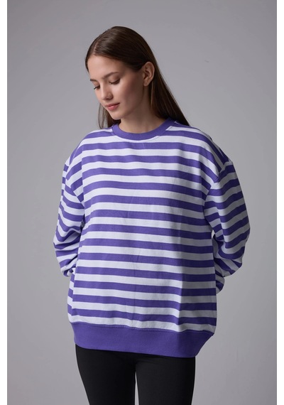 Defys Kadın Çizgili Oversıze Sweat Mor-beyaz - 608041455 Mor-beyaz