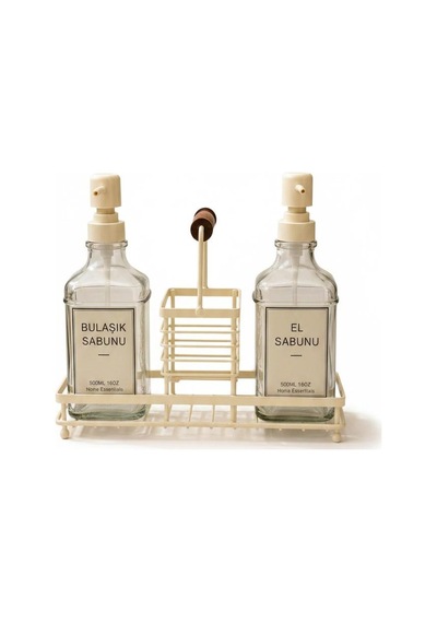 2 Hazneli Cam Mutfak Seti 500ml+500ml Sıvı Sabunluk Set Krem Diğer