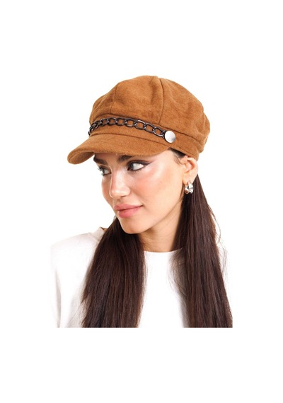 Ladycolor Şapka Zincir Aksesuarlı Kaşe Kumaş Taba Kahverengi