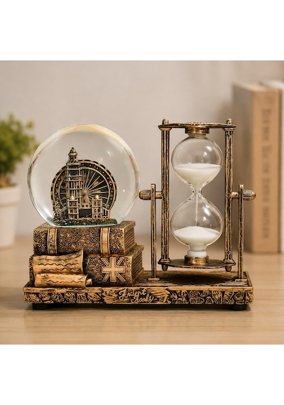 Kişiye Özel Dekoratif Big Ben Saat Kulesi Temalı Kar Küresi Ve Kum Saati Vintage Tasarım Hediyelik Masa Dekoru
