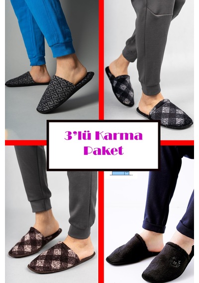Stwenn 3 Lü Avantajlı Paket Kışlık Peluş Desenli Sessiz Ortopedik Taban Çeyiz Misafir Ev Terliği Set 3' Lü Erkek Çanak