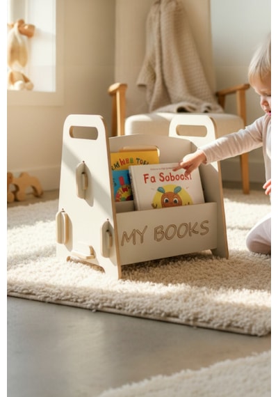 Montessori Ahşap Çocuk Kitaplığı Gri Eğitici Ve Dekoratif Tasarım - Kitaplık Beyaz