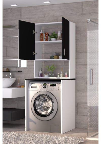 Üst Dolaplı Çok Amaçlı Çamaşır Makinesi Dolabı Siyah Beyaz