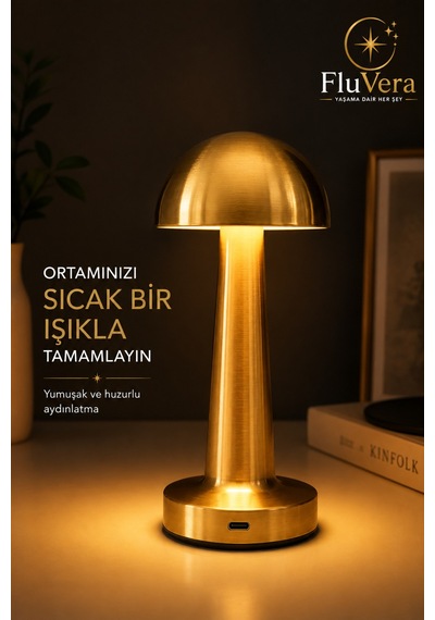 Şarjlı Masa Lambası Gold Mantar Kablosuz Led Dokunmatik Gece Lambası Altın
