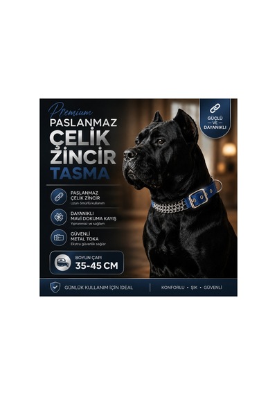 Köpek Zincir Boyun Tasması Paslanmaz Çelik Mavi Dokuma Kayış 35-45 Cm Ayarlanabilir
