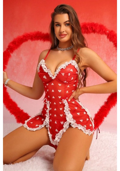 Bella Notte Sevgililer Günü Kırmızı Kalp Baskılı Dantel Detaylı Gecelik