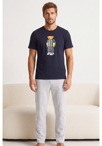 Siyah İnci Baskılı Pamuklu Örme Kısa Kollu Pijama Takım 8075 Lacivert