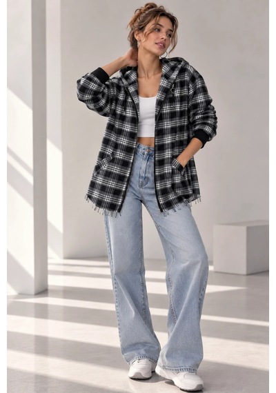 Bb Butik Basic Kapüşonlu Fermuarlı Oversize Ekose Oduncu Gömlek Ceket Kadın Rahat Mevsimlik Günlük Tr0935 Siyah