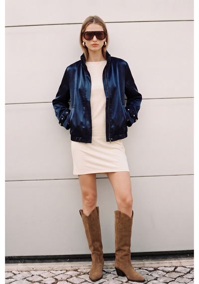 Sateen Saten Bomber Ceket - Lacivert-137934