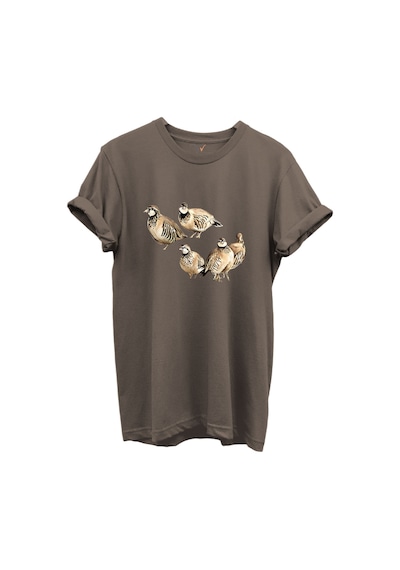 Beşli Keklik Baskılı Doğa Ve Av Temalı %100 Pamuk Regular Fit Unisex T-shirt Kahverengi