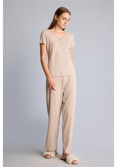 Defacto Regular Fit Çizgili Düğmeli Kısa Kollu 2li Pijama Takımı F9838ax26aubg402 Bej-bg402