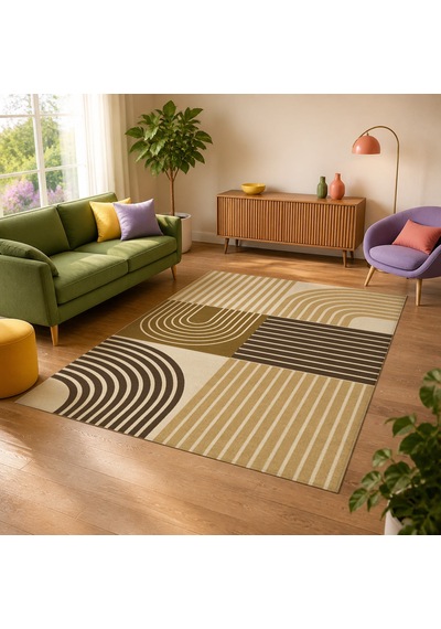 Kartela Halı Retro Çizgili Patchwork Halı Hardal Sarısı Kaymaz Taban Makinede Yıkanabilir 200x300 Cm