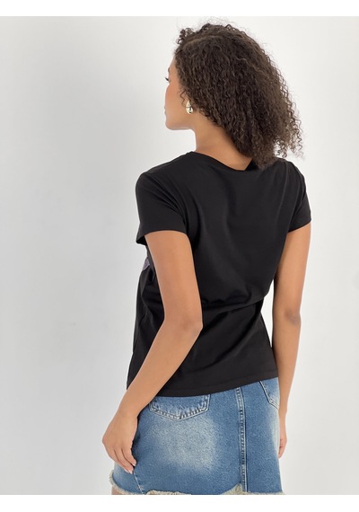 Kadın Leopar Ve Gül Desenli Siyah T-shirt Siyah