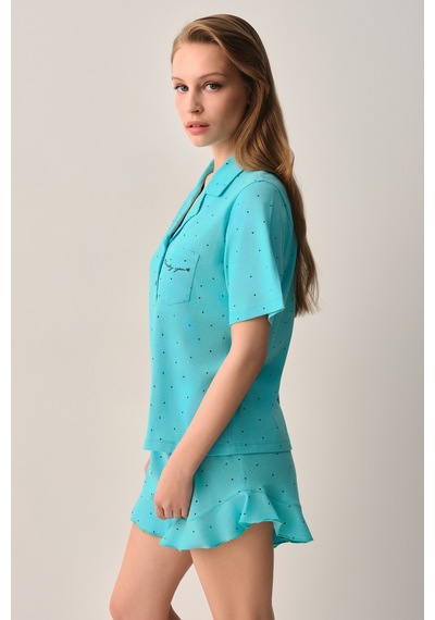 Suwen Lucky Pamuklu Gömlek Yaka Şort Pijama Takımı Sh26623667b335 Turkuaz Desenli