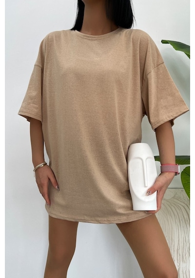 Startmore Unisex Pamuk Bisiklet Yaka Oversize T-shirt Bej