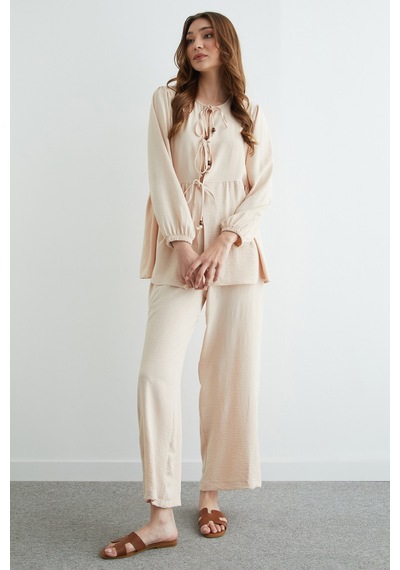 Fullamoda Fullamodest Önü Bağlamalı Ayrobin Kimono 2 Li Takım Bej