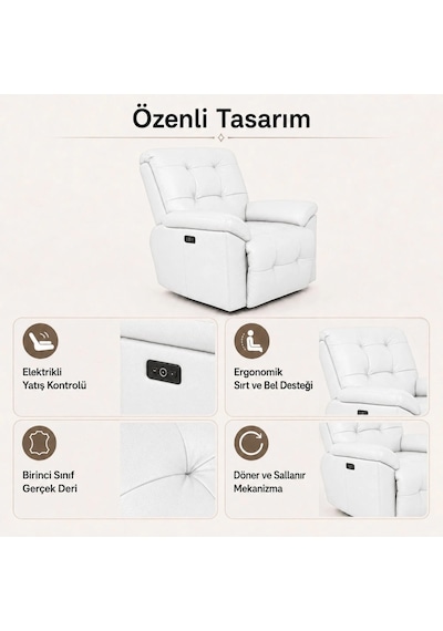 Smarto Relax Zürih Vıp Elektrikli Döner Sallanan Tv Koltuğu Kontrol Panelli Ergonomik Gerçek Deri Baba Koltuğu Beyaz