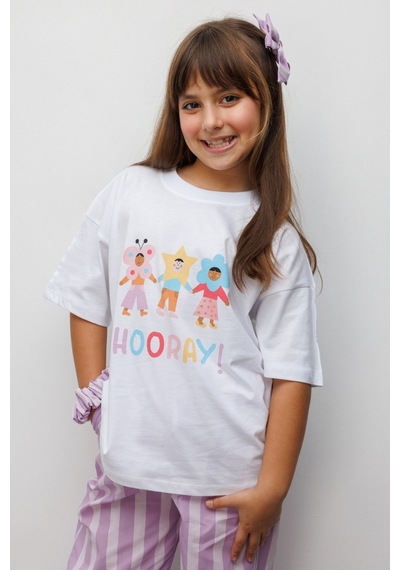 Le Mabelle Lila Hooray Baskılı Çizgi Desenli Çocuk Tişört Pantolon Takım - Edna Lila