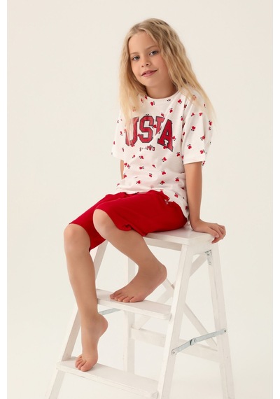U.S. Polo Assn. Lisanslı Heart Pattern Kırmızı Kız Çocuk Kapri Takım 5274-43204 Krem - Kırmızı U.S. Polo Assn. Lisanslı Heart Pattern Kırmızı Kız Çocuk Kapri Takım 5274-43204 Krem - Kırmızı