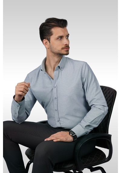 Gri Yaka Düğmeli Premium Şamre Slimfit Erkek Gömlek Gri