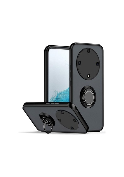 Honor Magic 5 Lite Uyumlu Kılıf Yüzüklü Standlı Extra Darbe Koruma Sert Silikon Kapak - Siyah Siyah