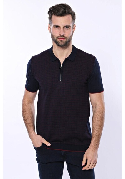 Yake Store Polo Yaka Koyu Lacivert Desenli Fermuarlı Örme T-shirt - Wessi - Lacivert siyah
