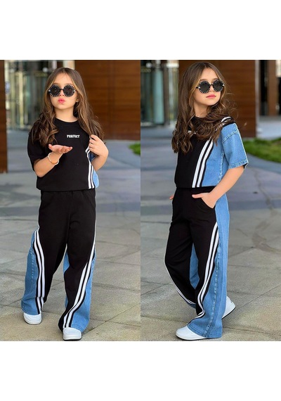 Kız Çocuk Çizgi Detaylı Denim Garnili Eşofman Takımı Rahat & Trend Stil 6492 Siyah
