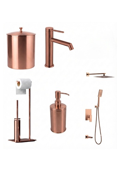 Rose Gold 5'li Banyo Seti Ankastre Duş Seti, Lavabo Bataryası, Sıvı Sabunluk, Wc Fırçalık Ve Çöp Kovası