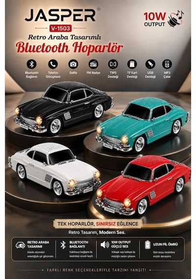 Jasper Jpr-1503 Siyah 10w Bluetooth Hoparlörlü Retro Araba Tasarım Fm Radyo, Usb, Tf Kart, Aux Ve Mp3 Çal